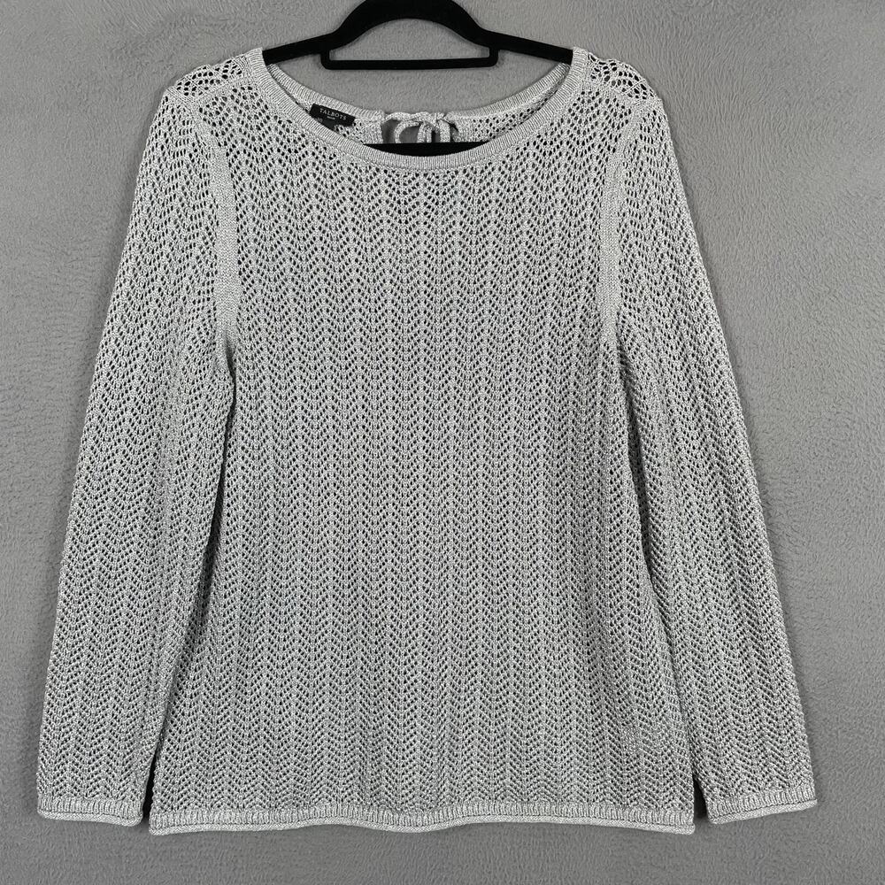 Talbots Sweater Pullover Womens L Petite Silver Open-Knit Tasseled Metallic